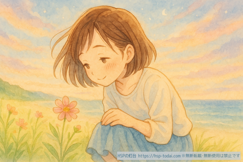 穏やかに花を見つめるHSPの女の子のイラスト