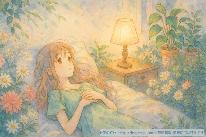 植物に囲まれベッドで休む女の子のイラスト