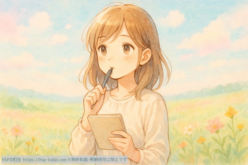 HSPの女の子のが考えながらメモを書いているイラスト