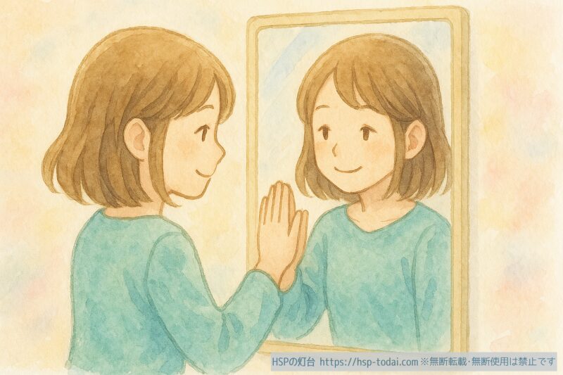 HSPの女の子が鏡に向かって微笑み自分を受け入れているイメージのイラスト