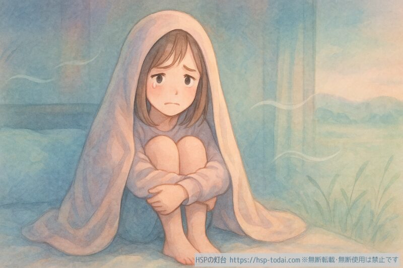 毛布をかぶって落ち込むHSP女性のイラスト画像
