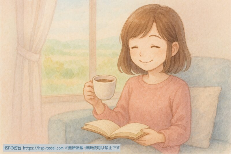 コーヒーを片手に読書しているHSP女性のイメージイラスト