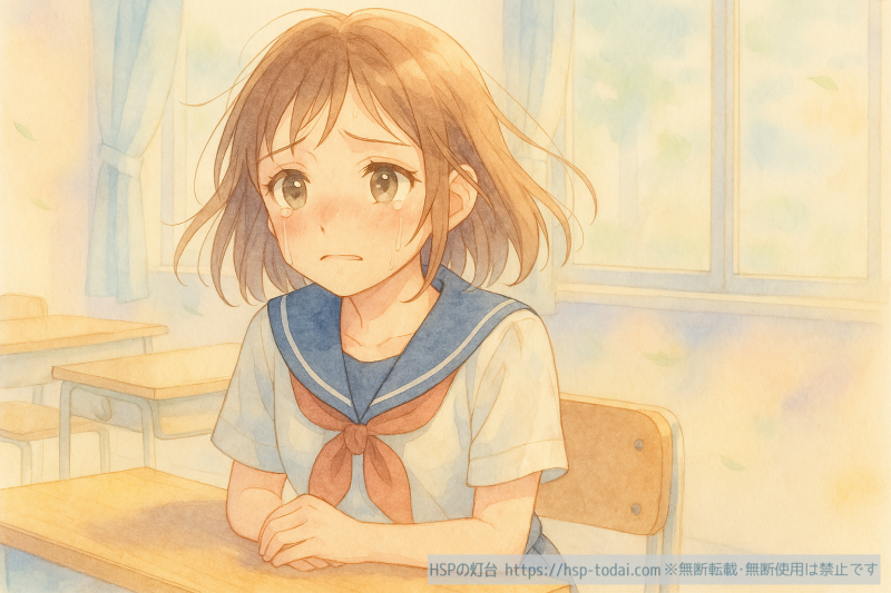 緊張して泣いているHSPの女の子のイラスト