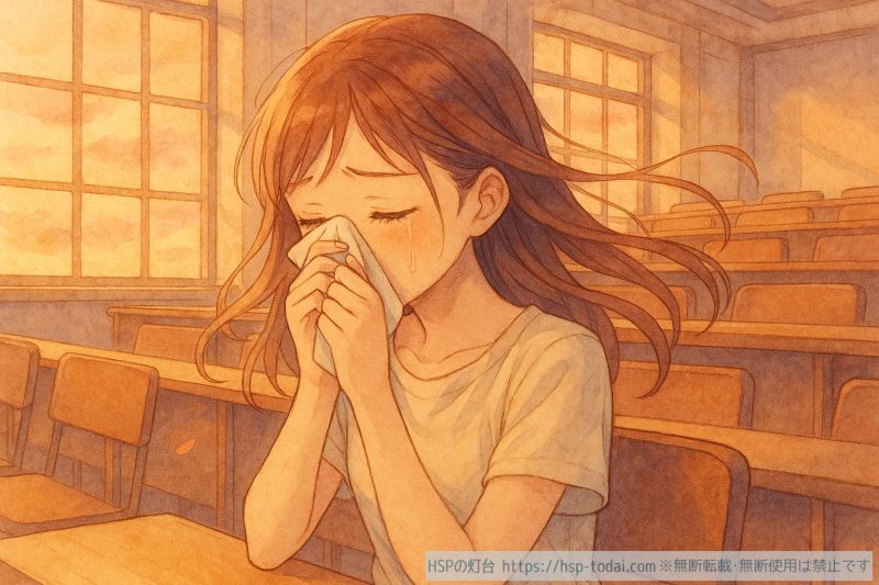 教室で涙を流すHSPの女の子のイラスト