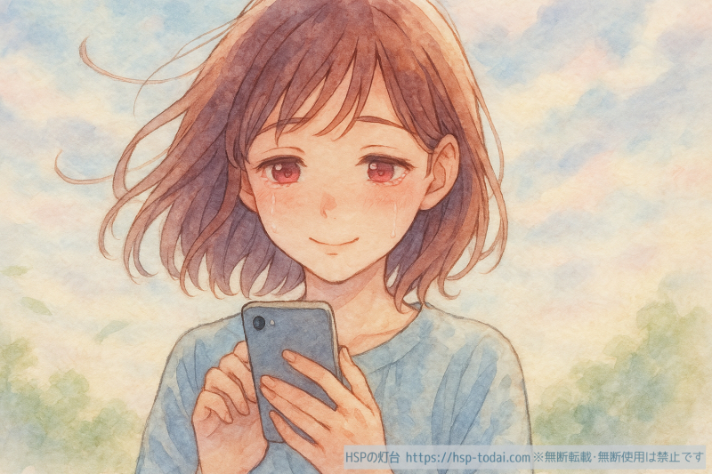 涙を流しスマホでメッセージを送るHSPの女の子のイラスト