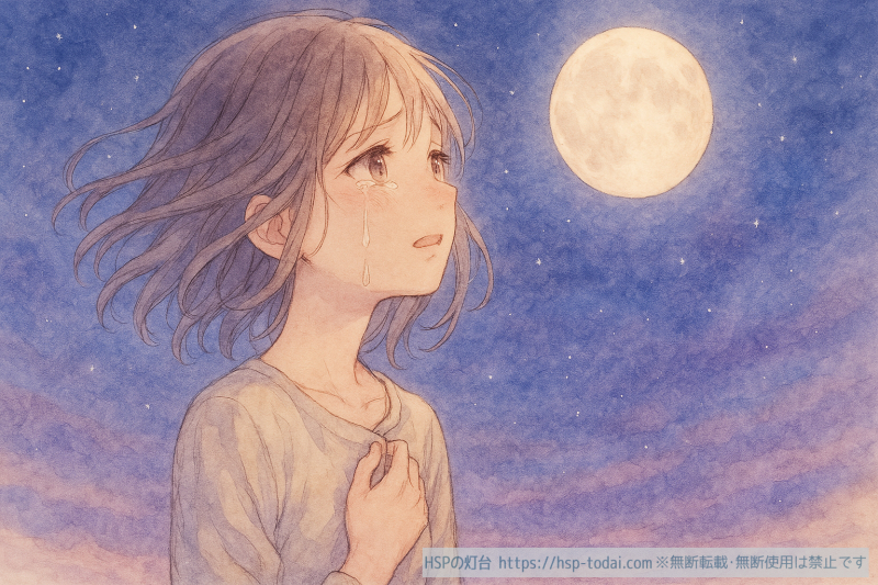 月の下で涙を流すHSPの女の子のイラスト
