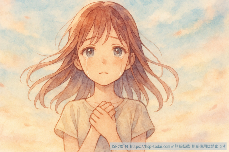 胸に手を当て涙を流すHSPの女の子のイラスト