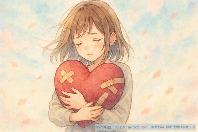 傷ついたハートを泣いて抱きしめるHSPの女の子のイラスト