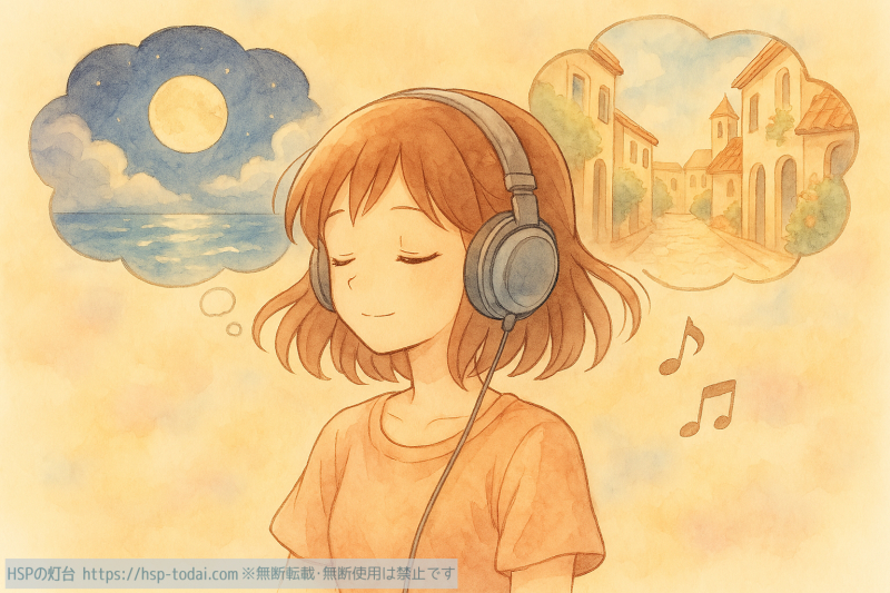 曲の情景を思い浮かべるHSPの女の子のイラスト