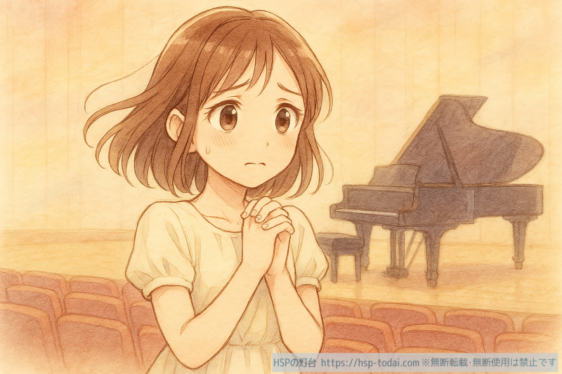 ピアノコンサートで緊張しているHSPの女の子のイラスト