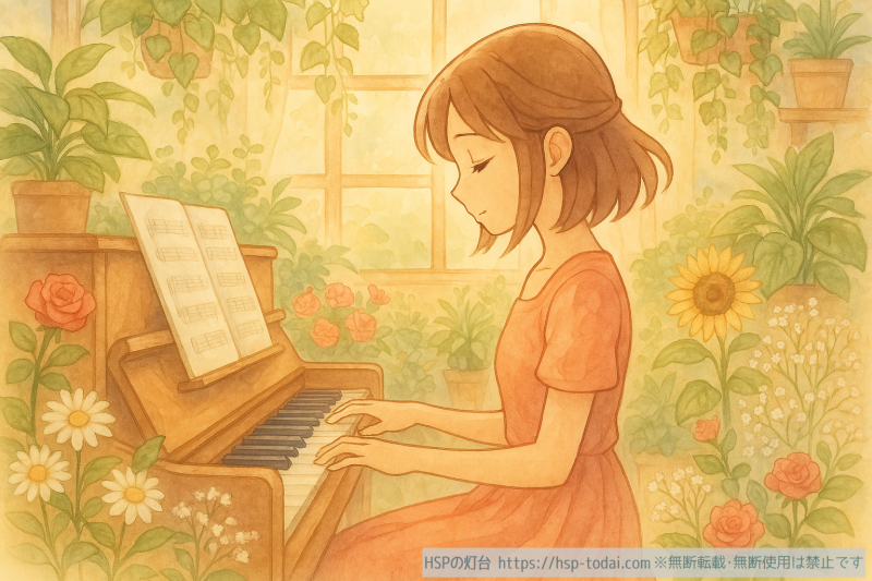 植物に囲まれてピアノを弾く女の子