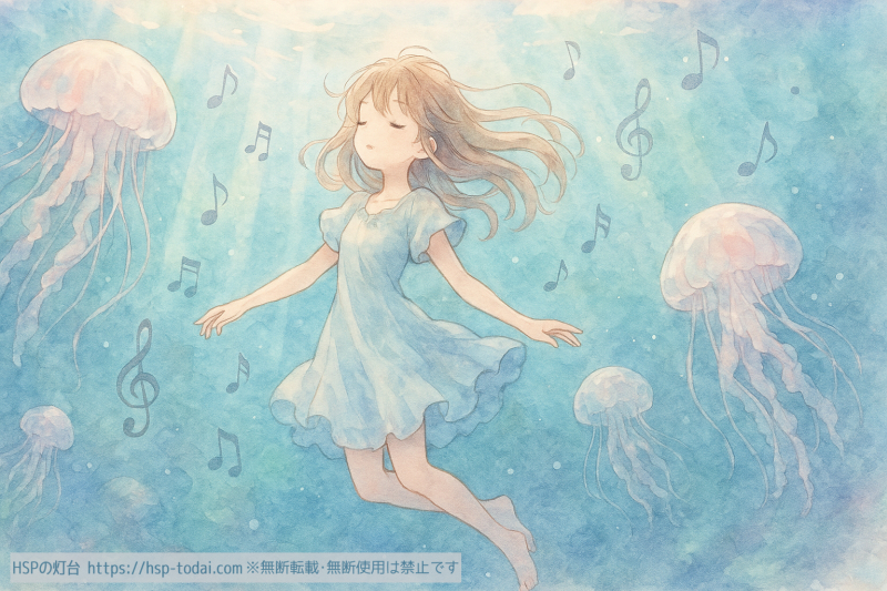 水中で目を閉じてリラックスしているHSPの女の子