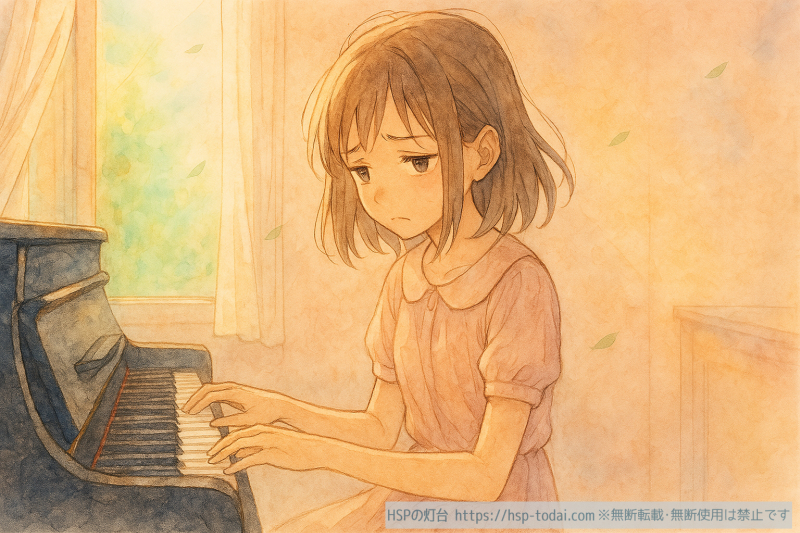 ピアノ練習で落ち込むHSPの女の子のイラスト
