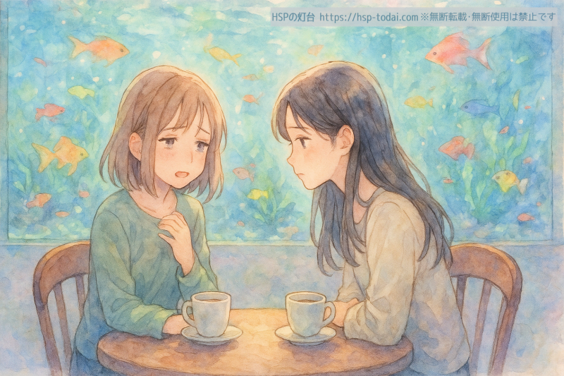 カフェで涙を流して本音を話すHSPの女の子のイラスト