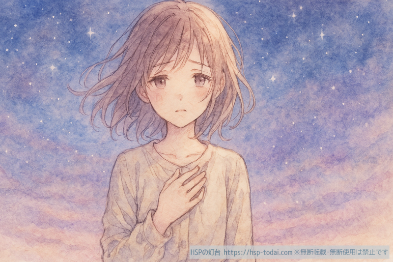 星空の下涙目のHSPの女の子のイラスト