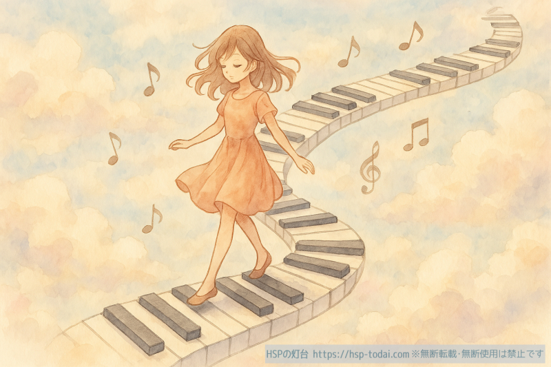 ピアノの鍵盤の上を歩くHSPの女の子のイラスト