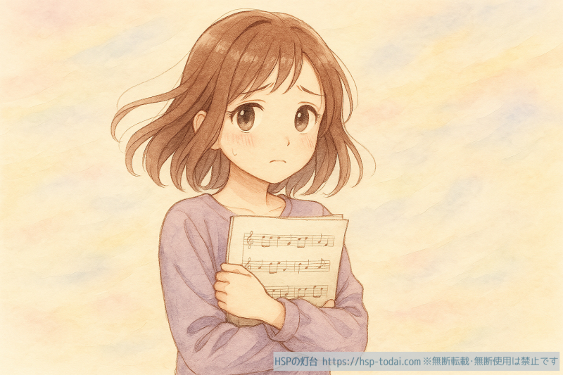 楽譜を抱え心配そうにしているHSPの女の子のイラスト