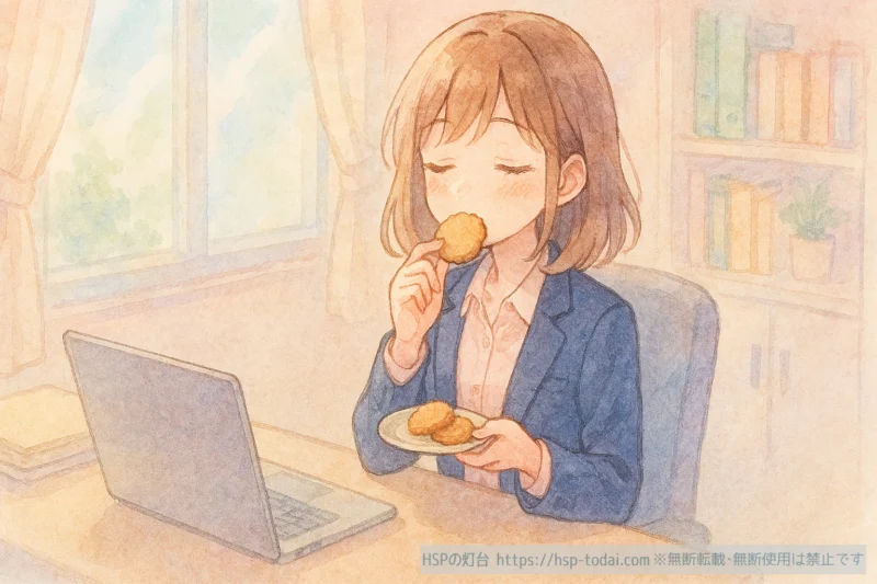 仕事中に甘いもので休憩するHSPの女性社員のイラスト