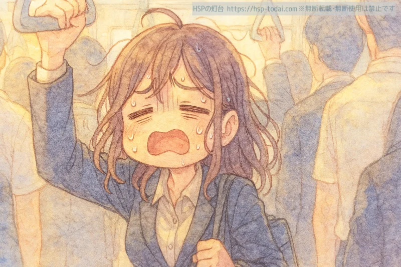 満員電車で疲れ切っているHSPの女性社員のイラスト