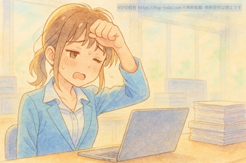 仕事で疲れを感じているHSPの女性社員のイラスト