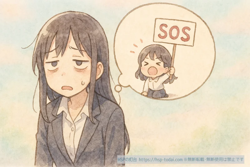 体からのSOSに気づくHSPの女性社員のイラスト