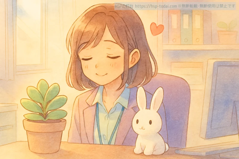 植物や小物でリラックスするHSPの女性社員のイラスト