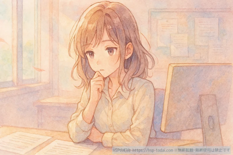 仕事で深く考えるHSPの女の子のイラスト