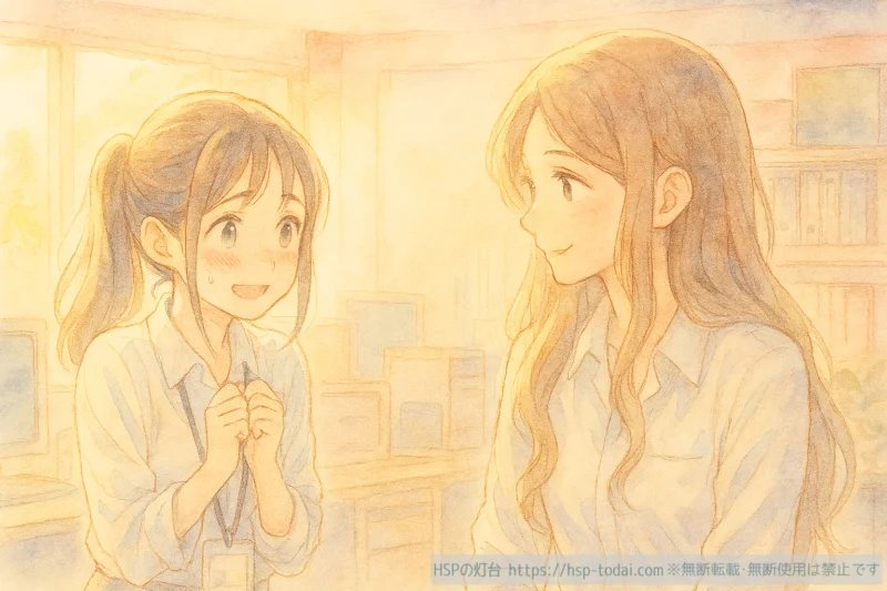 上司と雑談するHSP女性のイラスト