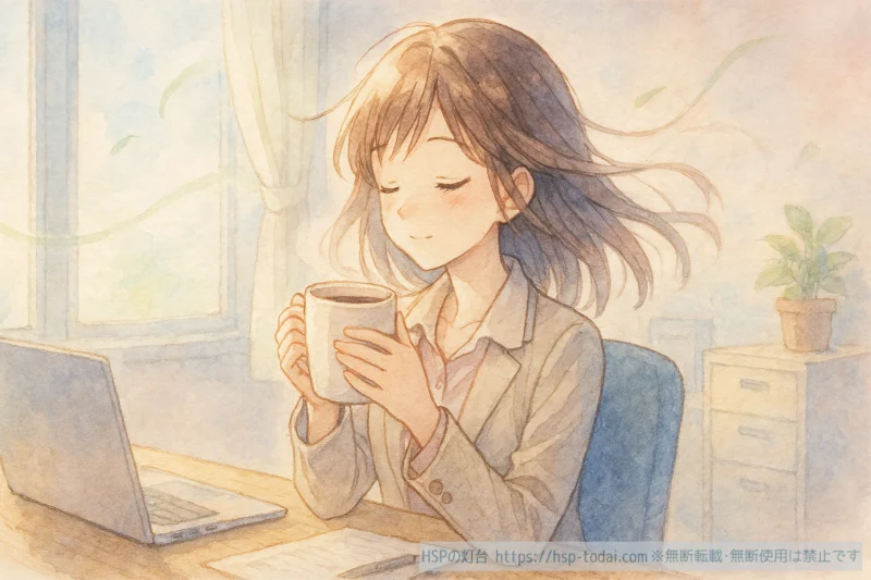コーヒーを飲んで集中モードに入る女性社員のイラスト