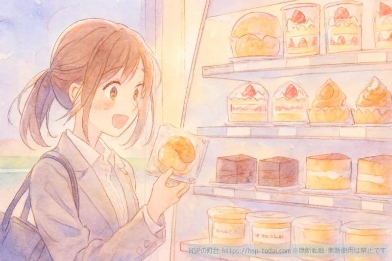 コンビニでスイーツを選ぶ女性社員のイラスト