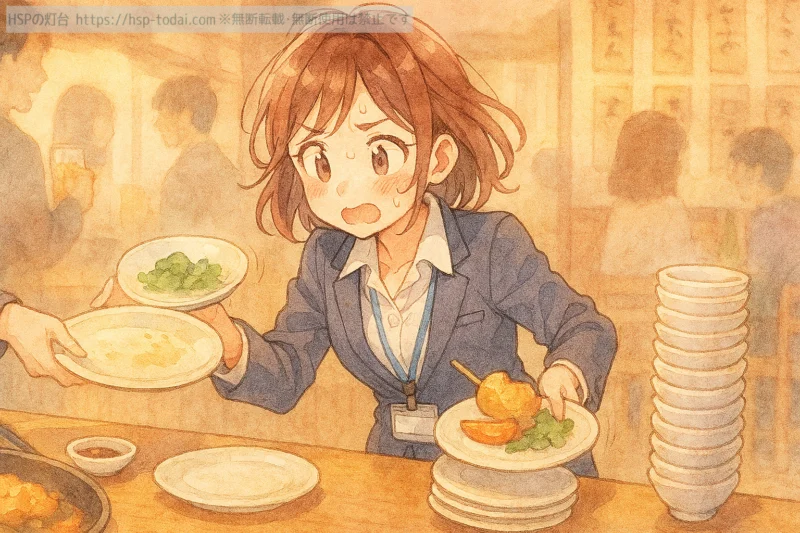 飲み会での気遣いに追われる女性社員のイラスト