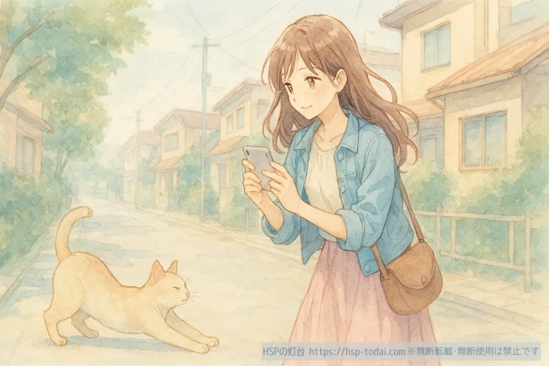 スマホで猫を撮影する女の子のイラスト