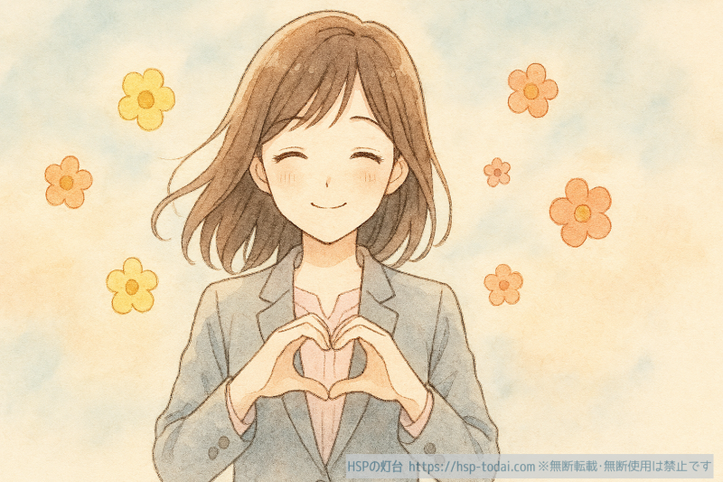 手でハートを作る会社員の女の子のイラスト