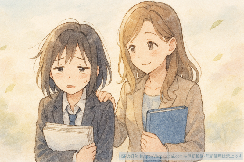 転職エージェントに見守られる女性社員のイラスト