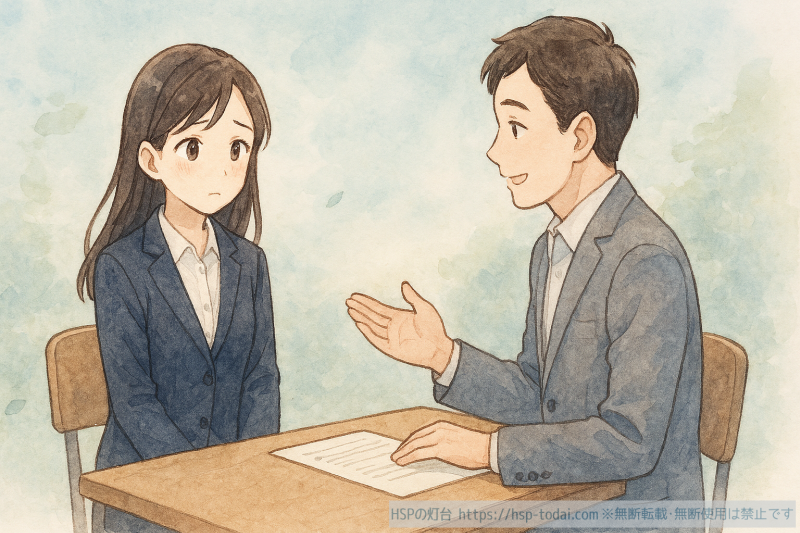 面接で緊張している会社員の女の子のイラスト