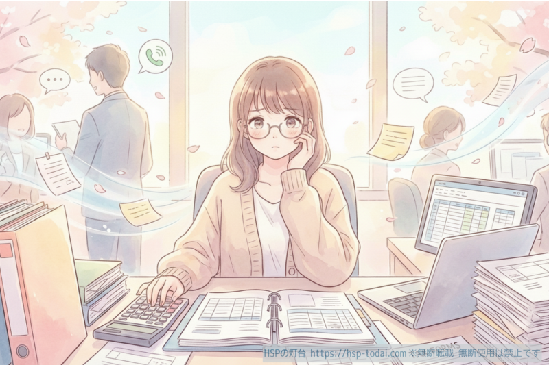 経理業務に追われる会社員の女の子のイラスト