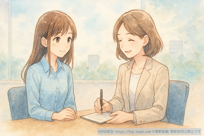 転職エージェントに相談している女の子のイラスト