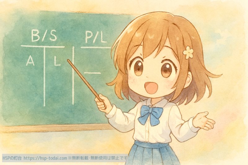 簿記について説明する女の子のイラスト