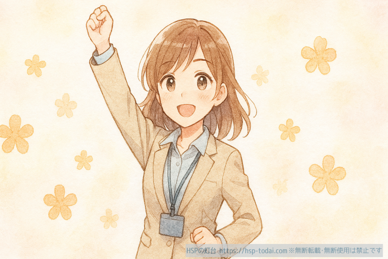 右手を上げる女性社員のイラスト