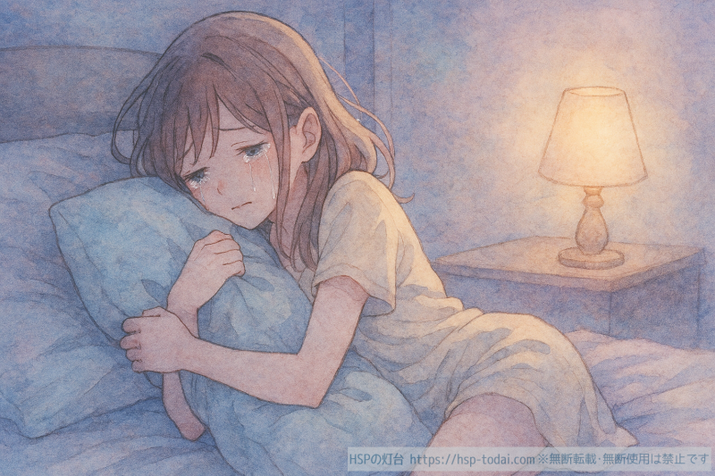 ベッドで泣いている女の子のイラスト