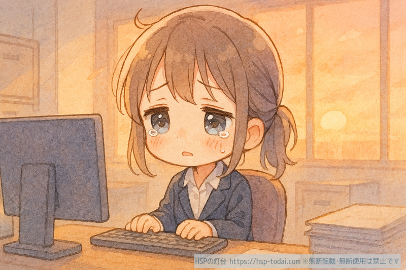 涙目で働く女性社員のイラスト