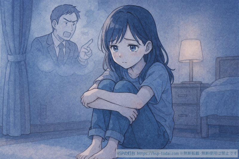 怒られたことを引きずって落ち込んでいる女の子のイラスト