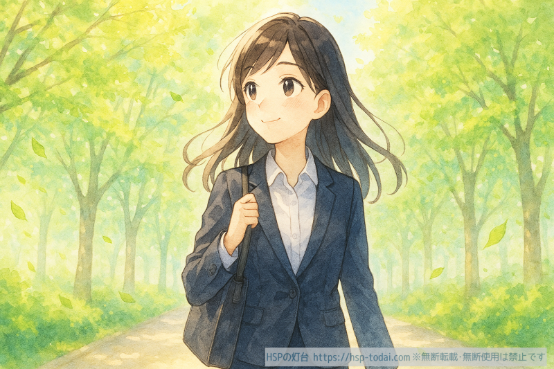 新緑の道を歩く女性社員のイラスト