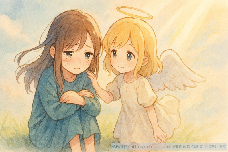 落ち込む女の子と寄り添う天使のイラスト