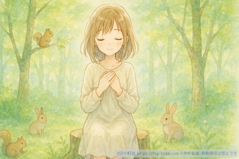 森の中で深呼吸する女の子のイラスト