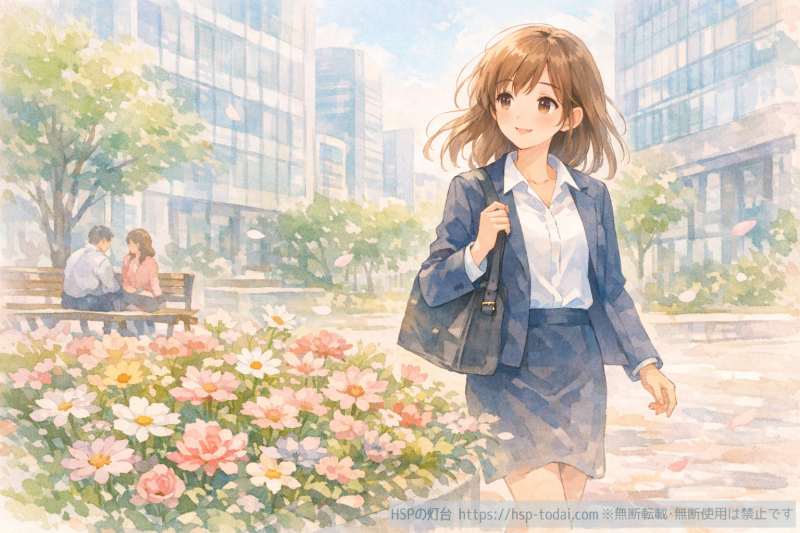 笑顔で通勤している女性社員のイラスト