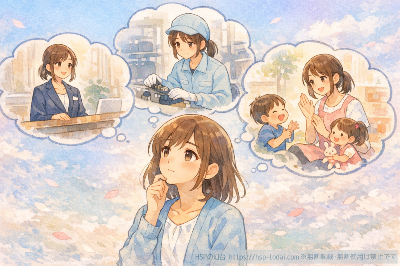 転職先を考え中の女の子のイラスト