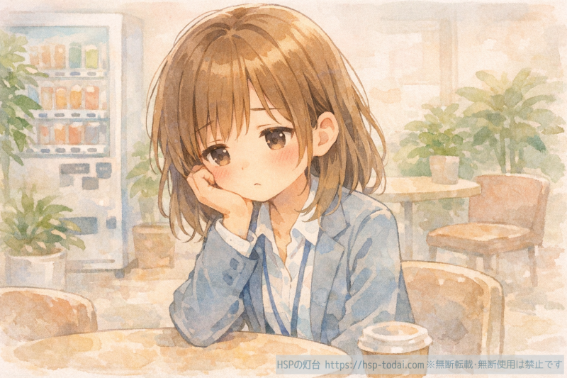 カフェテリアで落ち込む女性社員のイラスト