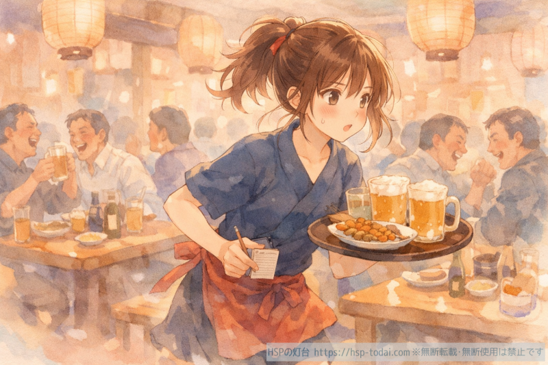 居酒屋で忙しそうに接客する女性社員のイラスト