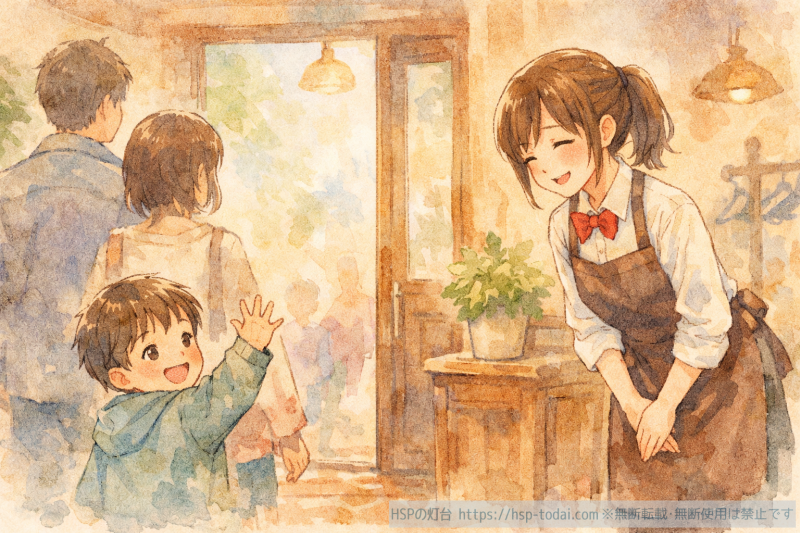 笑顔でお客さんを見送る女性社員のイラスト